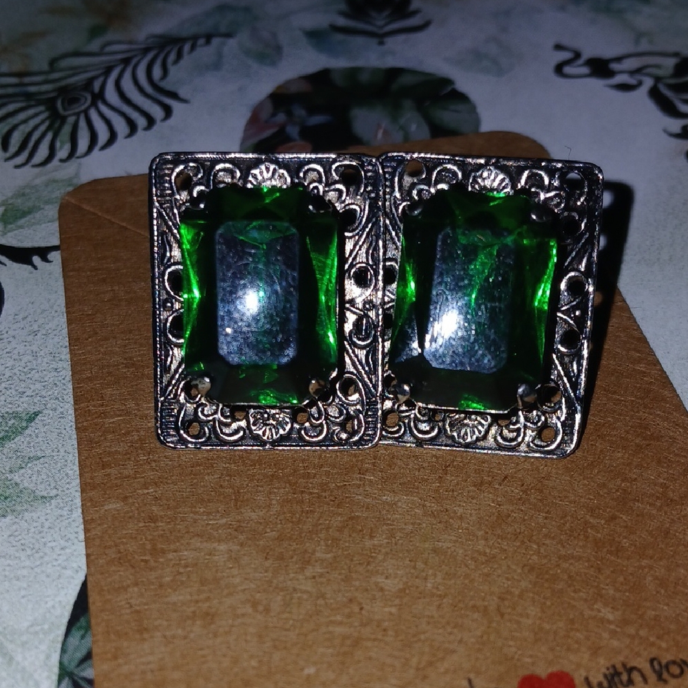 Vintage Clip  Green and Silver Earrings